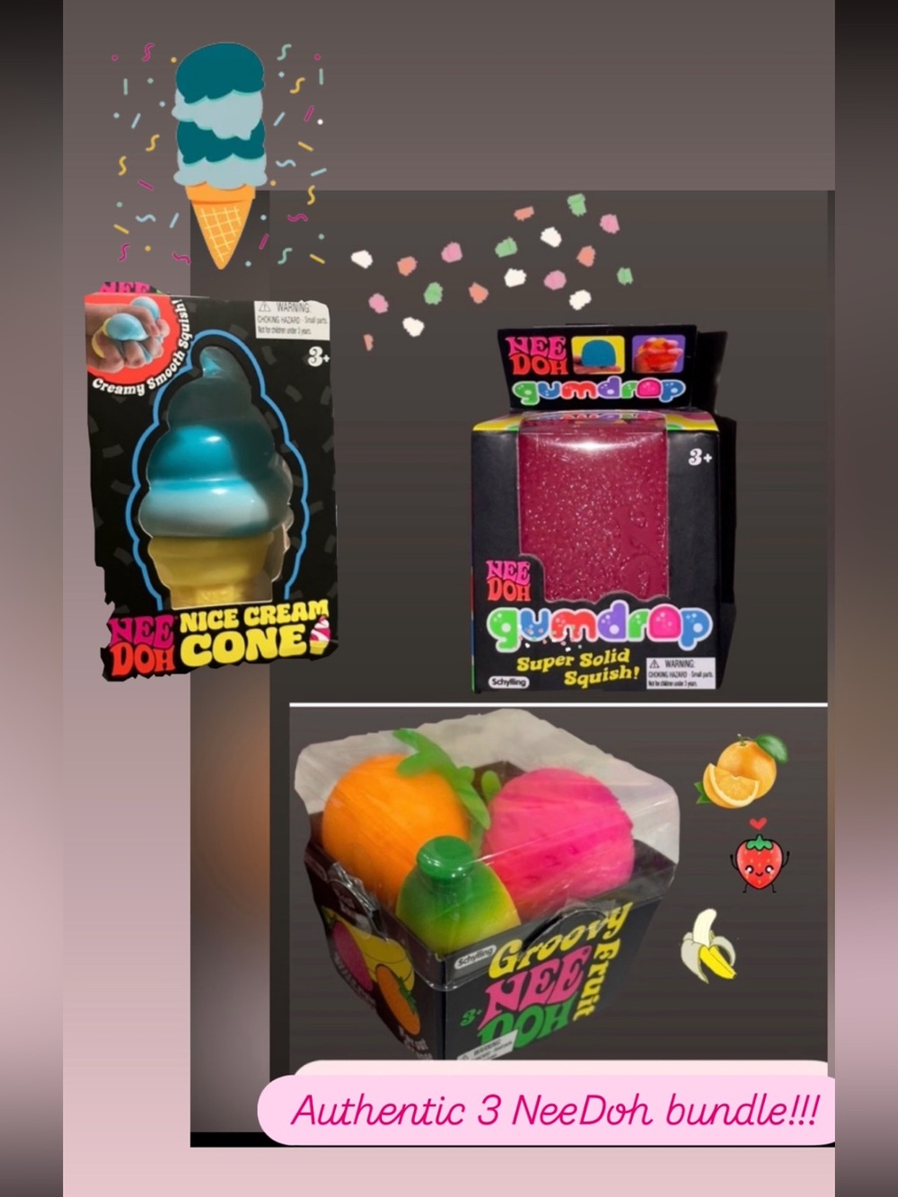 3 rare NeeDoh Groovy Fruit -Gumdrop -ice cream bundle!!! 🍊🍓🍌💜🍦